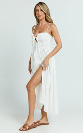 Lucienne Midi Dress - Ruched Button Up Front Dress in White